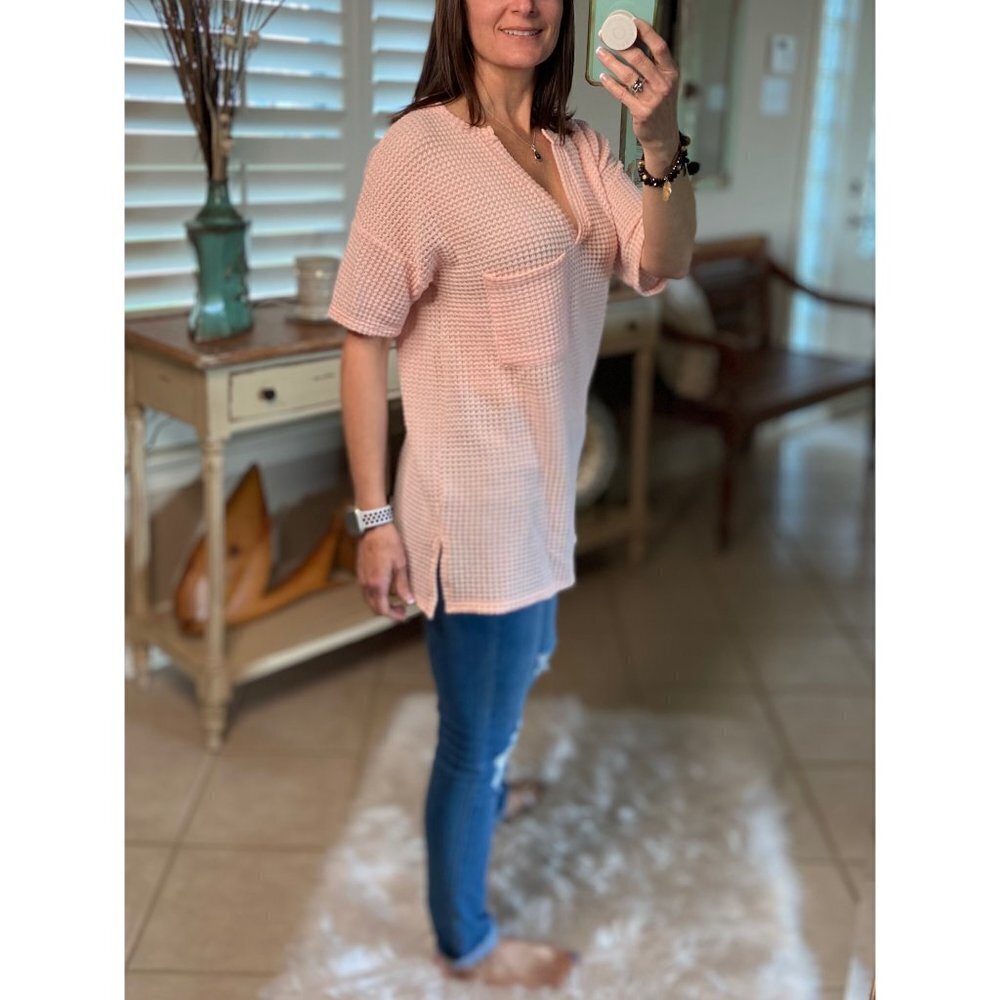 Popcorn Waffle Gabby V Neck Top Blush Pink 3620 - Picture 4 of 5